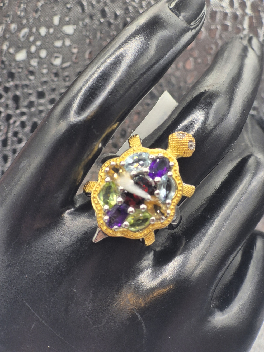 Genuine Sterling Silver Turtle Gemstone Ring — Multicolor Stones